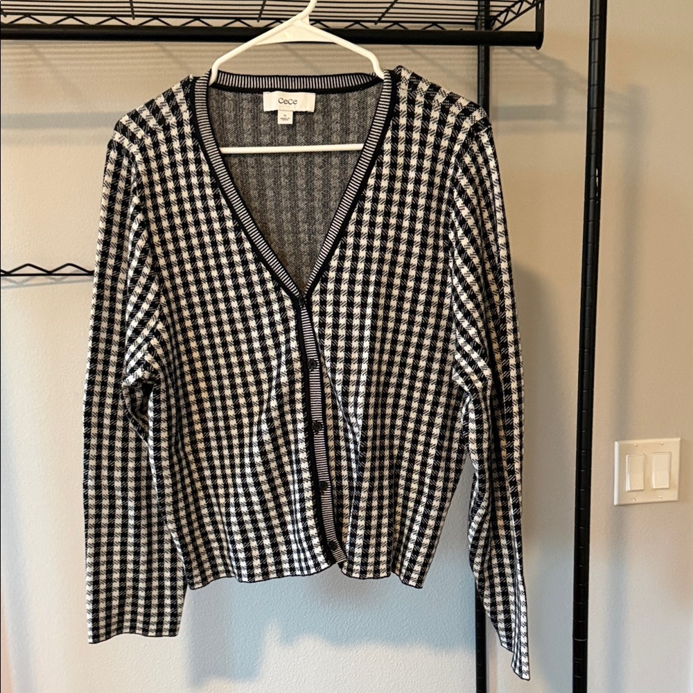 CeCe Black and White Gingham Cardigan